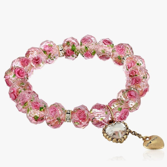 Betsey Johnson glass rose beads Pink Floral Bracelet gold hearts charms - Picture 1 of 4